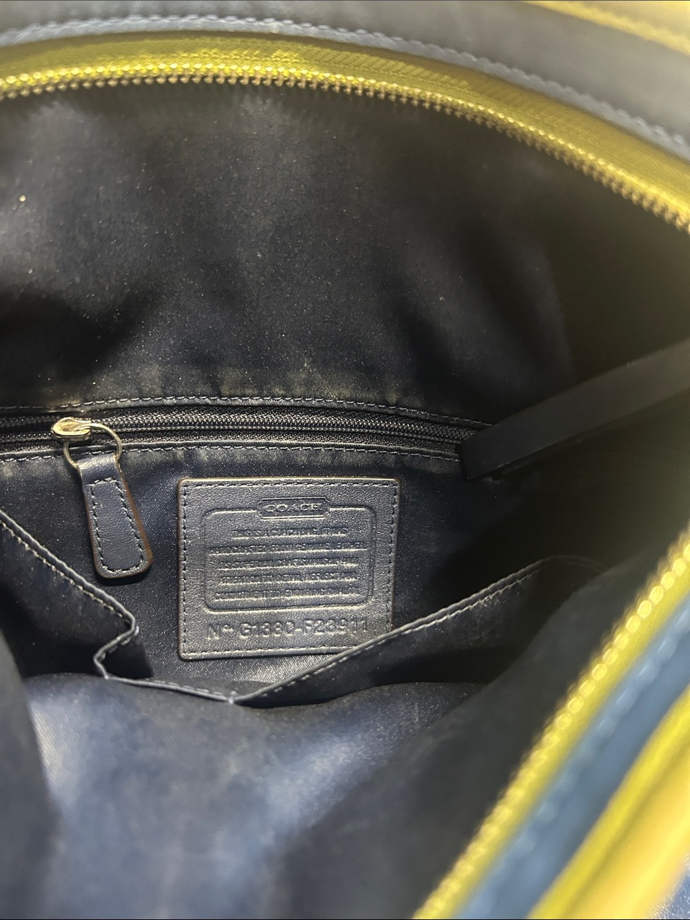 Coach Blue Leather Shoulder Tote with Lime Accent - Picture 8 of 9